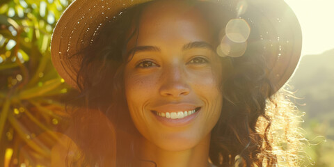 A vibrant photo of a young smiling woman wearing a sun hat - 769404425