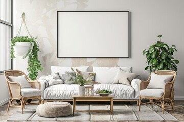 Scandinavian living room interior with white sofa, rattan armchairs, and wooden coffee table