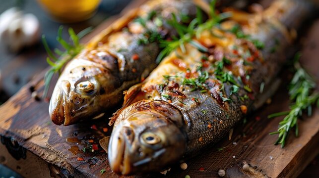 Grilled fish on a wooden board with herbs and lemon. Gourmet seafood concept