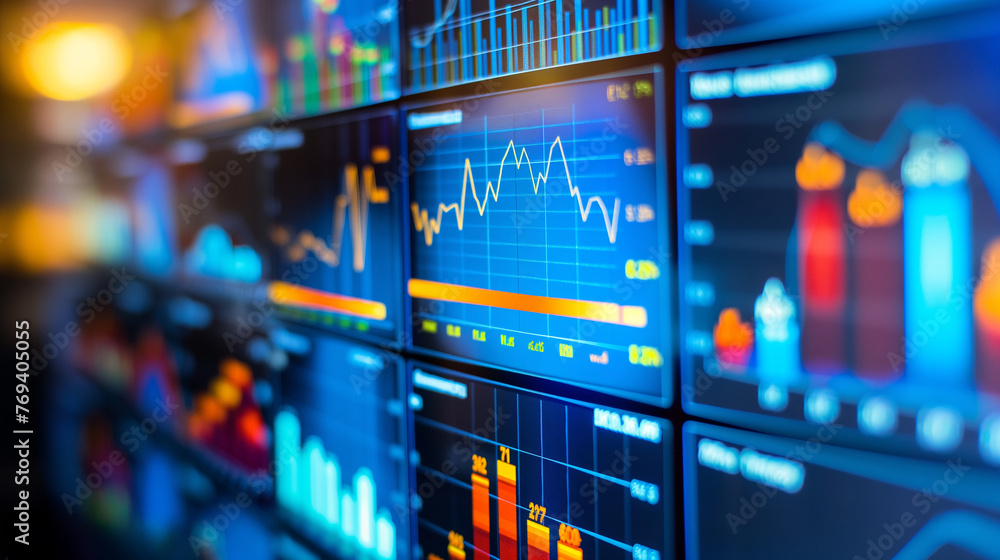 Poster business data statistics or stock market analysis display on computer screens