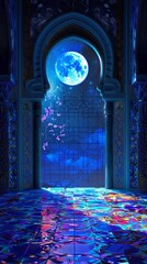A room featuring a large window overlooking a full moon with glossy Moroccan tiles under moonlight, background, wallpaper