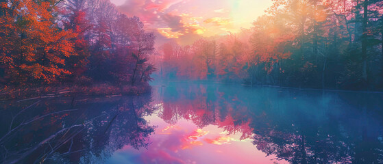 A serene pond surrounded by trees, with the reflections on the water forming a splendid gradient of colors, captured in high-definition to showcase its mesmerizing vibrancy. - obrazy, fototapety, plakaty