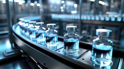 Pharmaceutical vials on a sterile production line at a pharma plant.