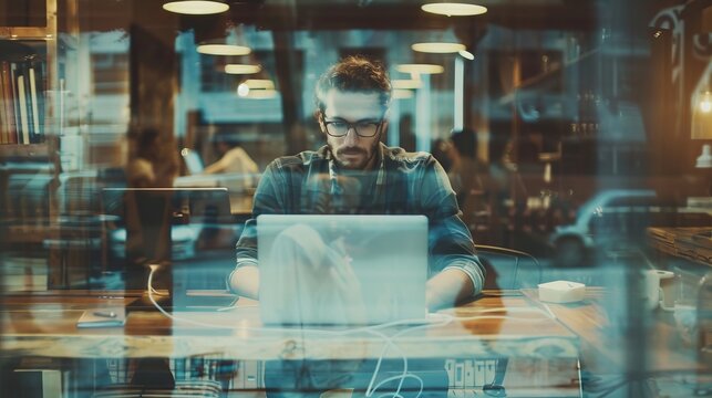 Bearded project manager innovating in modern loft office space, working on startup vision with contemporary laptop, creative idea process, blurred background with film effect