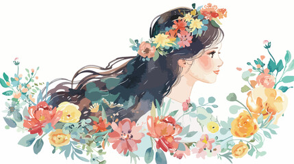Girl and floral wreath watercolor Flat vector isolated