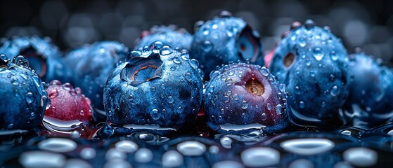 Blueberries with water droplets enter a dark tank, contrasting beautifully Captured with underwater...