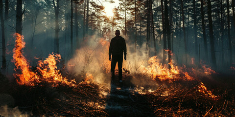 Forest burnt by fire with charred burnt trees and silhouette of man in woods. Climate change and environment natural disaster caused by people. Fire flames arson damaged ecology wildfire danger. - obrazy, fototapety, plakaty