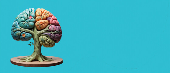 Bonsai Brain Tree Illustration: Vibrant Mindfulness, Neurodiversity, and Mental Growth Concept, Perfect for Websites, Presentations, and Educational Materials with Spacious Design Layout