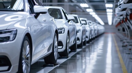 Luxury cars in a row on production line.
