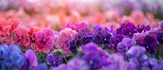 A field of vibrant flowers transitioning from deep purples to soft pinks, forming a splendid gradient captured in high-definition to highlight its mesmerizing vibrancy. - obrazy, fototapety, plakaty