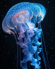 Glowing jellyfish descend into the abyss, illuminating dark waters with their bioluminescence Shot...