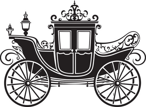 Grandiose Love Journey Royal Carriage Black Vector Logo Regal Romance Coach Ornate Emblematic Design for Wedding Splendor