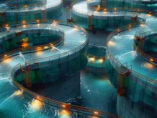 Illustrate the labyrinth of purification stages in a water treatment plant from a unique tilted perspective