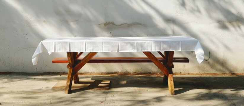 Wooden picnic table with white tablecloth 
