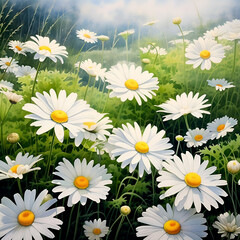 Beautiful daisy flowers are blooming in misty morning: floral wallpaper. white flower wallpaper. 