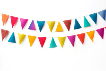 Fototapeta premium Multicolored holiday garland with triangular decorative holiday flags on white background. Party decorations. Copy space
