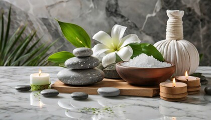 Fototapeta na wymiar Tranquil Harmony: Spa Stones Resting on a White Marble Table in Captivating Composition