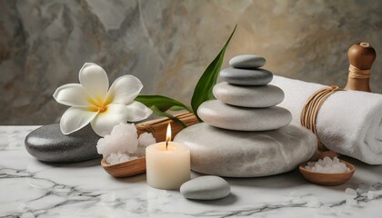 Fototapeta na wymiar Tranquil Harmony: Spa Stones Resting on a White Marble Table in Captivating Composition