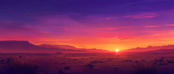 A desert landscape at dusk, with the sky ablaze in a splendid gradient of oranges and purples, captured in high-definition to showcase its mesmerizing vibrancy. - obrazy, fototapety, plakaty