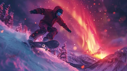 Skateboarder ollies over minimalistic volcano, wide angle, aurora backdrop, dusk light , 3D style