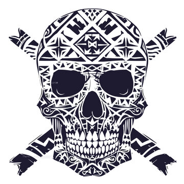 Tribal skull with geometric patterns and symbols carv
