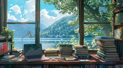 Fototapeta premium Clean workspace for work from home with a mesmerezing lake and mountain view with a nice clouds on summer time, with a books on laptop on desk. anime style background wallpaper