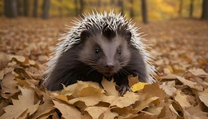 A Porcupine With Its Snout Buried In A Pile Of Lea Upscaled 2 - obrazy, fototapety, plakaty