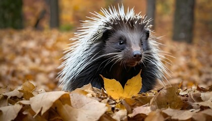 A Porcupine With Its Snout Buried In A Pile Of Lea
