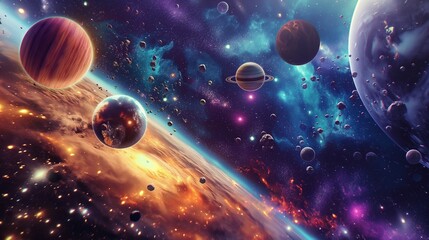 A Colorful Space Scene Filled With Stars And Planets.