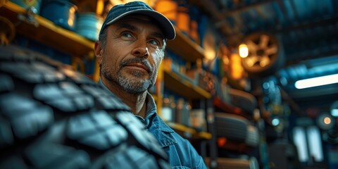 A man in a blue shirt and hat carefully holding a tire, examining its tread and pressure.