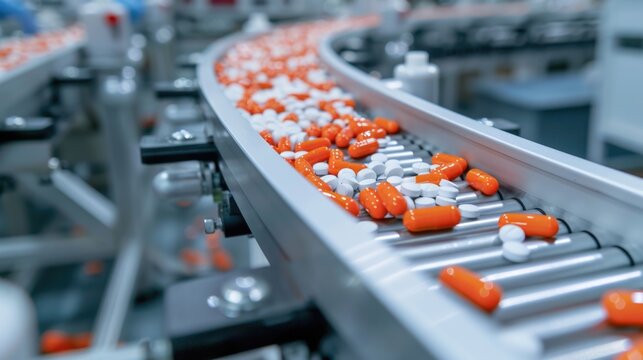 Pharmaceutical production line with orange and white capsules.