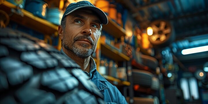 A man in a blue shirt and hat carefully holding a tire, examining its tread and pressure.
