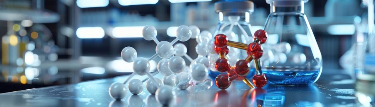 Pharmaceutical chemistry, vibrant molecular structures and laboratory tools in detail, space for text