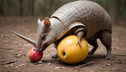 An Armadillo With Its Claws Gripping A Fallen Frui - obrazy, fototapety, plakaty