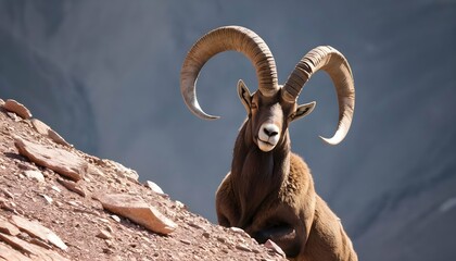 An Ibex With Majestic Curved Horns Reaching Toward - obrazy, fototapety, plakaty