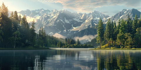 Scenery of lake, forest and mountains at sunrise
