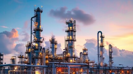 Oil refinery industry with pipelines and distillation towers at sunset.