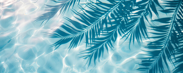 Fototapeta na wymiar Water surface with shadow of tropical leaves. Shadow of palm leaves on blue water. Beautiful abstract banner concept background for summer vacation on the beach. Shadow of palm leaves on white sand