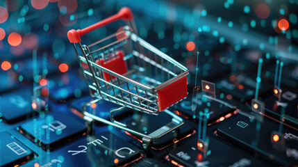 Shopping cart on a digital network background - Digital commerce concept with a shopping cart icon on a network of smartphones - obrazy, fototapety, plakaty