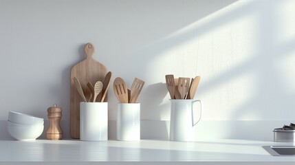 Wooden Kitchen Utensils And Cutting Board On Counter. - obrazy, fototapety, plakaty