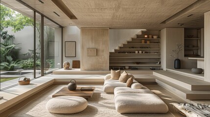 Fototapeta na wymiar Modern Minimalist Living Room with Garden View
