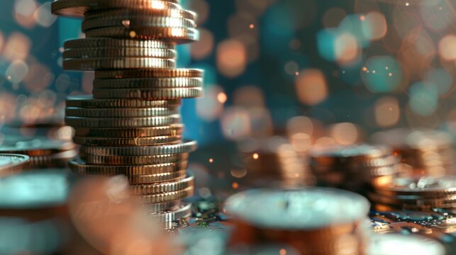 Dynamic illustration of stock market trends: financial risk management, debt ceiling, and quantitative easing impact on world economic growth, with coin stack background symbolizing investing and mutu