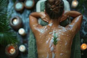 Fototapeta premium Relaxing spa day with a serene atmosphere and a woman's back receiving a therapy treatment