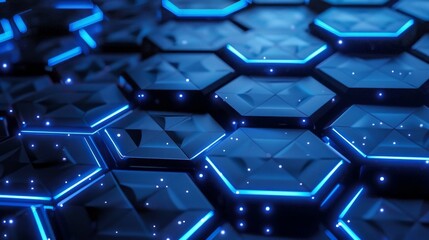 Vibrant blue neon illuminated hexagonal technological background