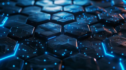Vibrant blue neon illuminated hexagonal technological background