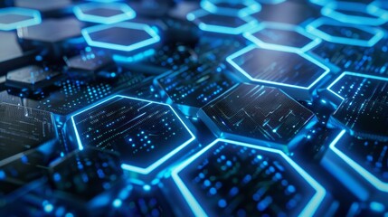 Vibrant blue neon illuminated hexagonal technological background