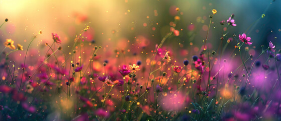 A field of wildflowers swaying in the breeze, forming a splendid gradient of colors from one end to the other, captured in high-definition to showcase its mesmerizing vibrancy. - obrazy, fototapety, plakaty