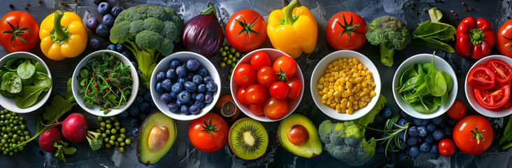Rainbow of Fresh Produce Panorama. A panoramic array of fresh fruits and vegetables showcasing a rich variety of colors and textures, laid out on a dark, textured surface.