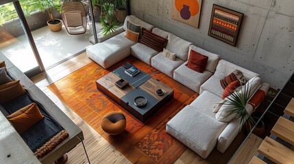 Modern Living Room Interior with Textured Concrete Wall and Tropical Accents