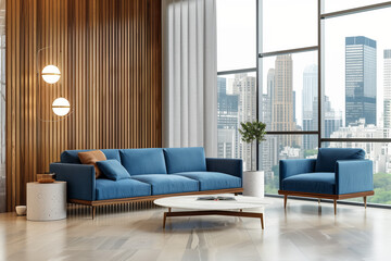 Modern Living Room Interior with City View. Stylish modern living room interior with a comfortable blue sofa, elegant lighting, and panoramic cityscape windows
